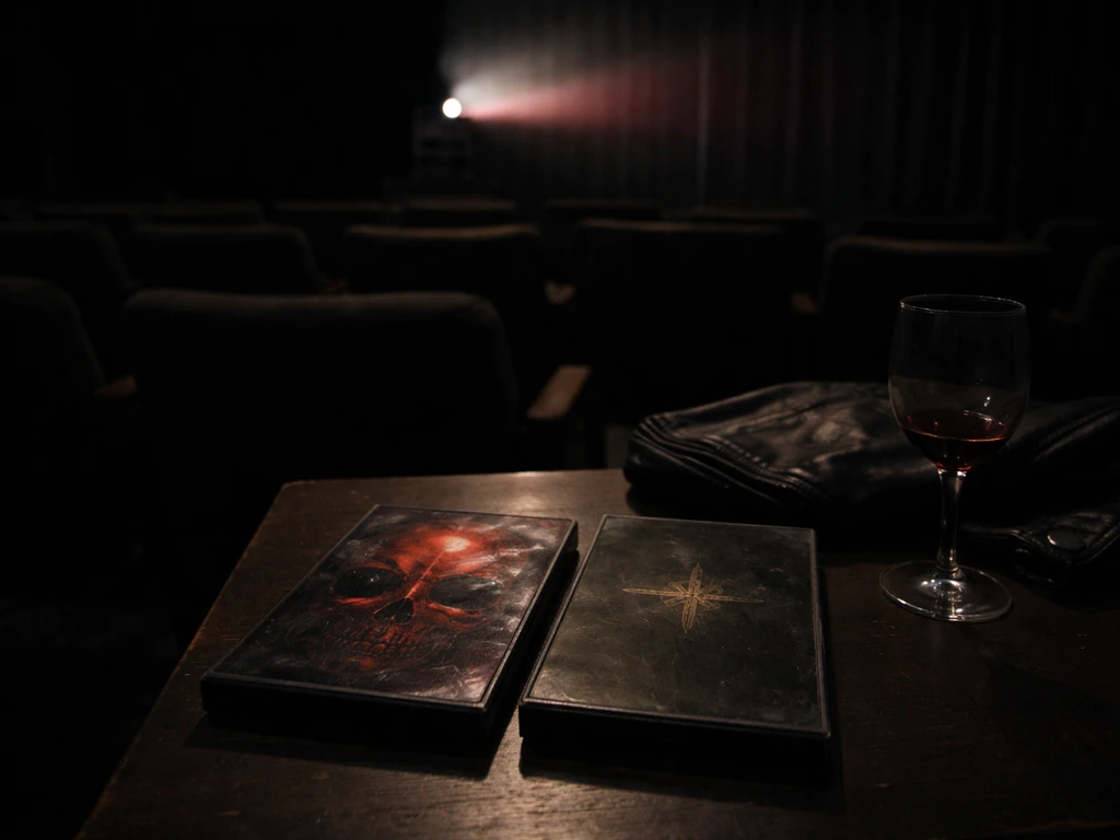 Moody screening room with red projector beam and two worn DVD cases beside a wine glass