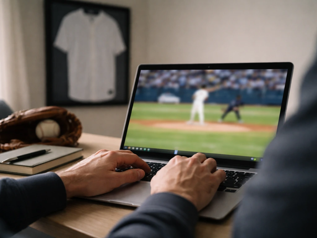 Anonymous baseball fan watching Royals-era highlights on a laptop in a quiet home office