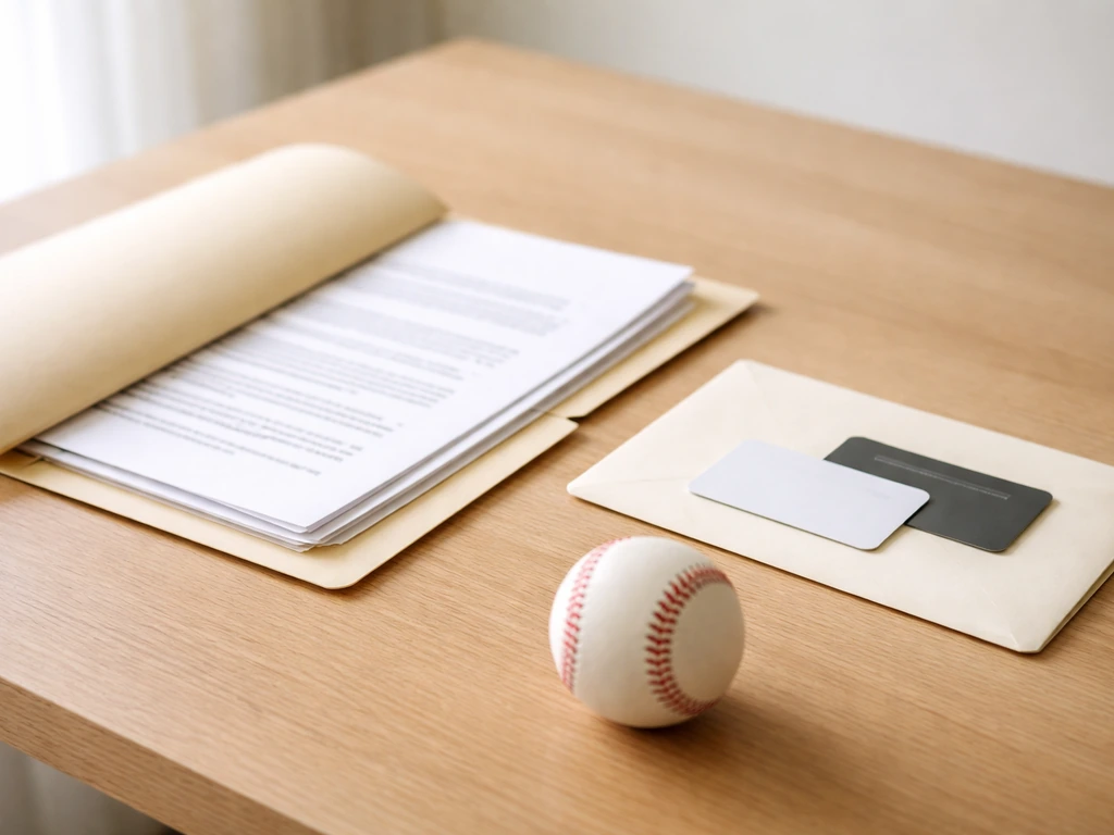 Minimal photo of an open folder with bank cards and a baseball contract envelope on a desk