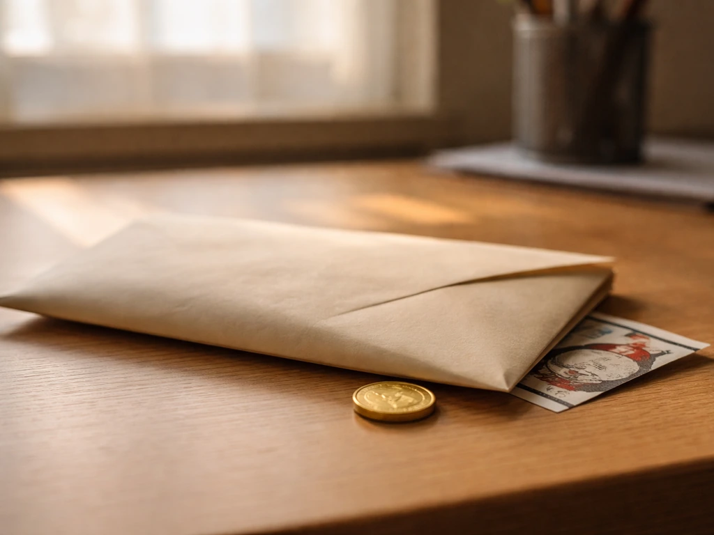 Close-up of a sealed envelope with a baseball ticket and a single gold coin on a desk near a window.
