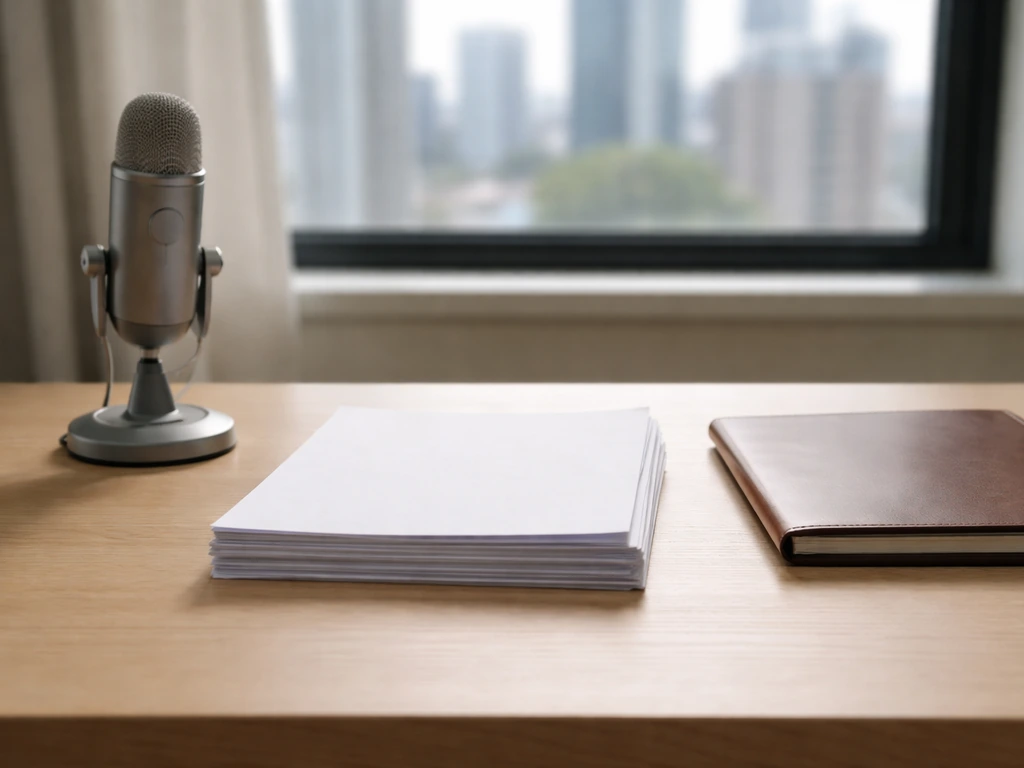 Minimal photo of a desk with a microphone and neatly arranged documents symbolizing career earnings milestones.