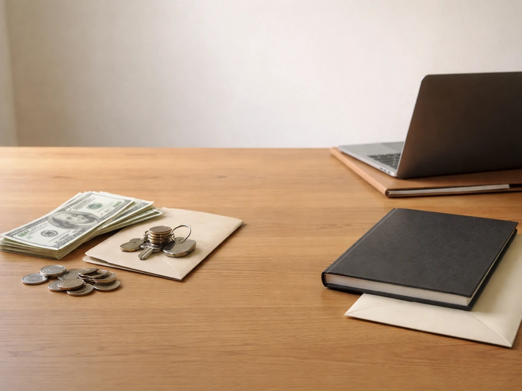 Minimal photo of a desk with scattered cash, keys, and a business folder beside a closed ledger book