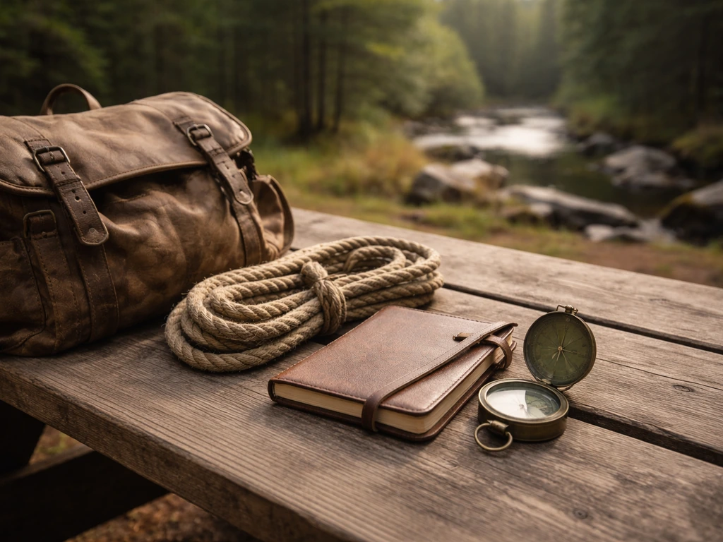 Outdoor guide-style table with compass and notebook near a quiet forest river, no people.