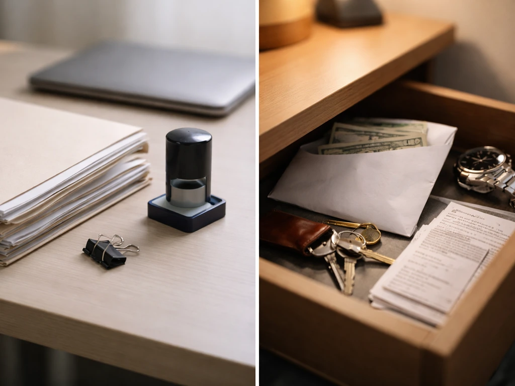 Split desk scene showing public documents on one side and private personal valuables on the other.