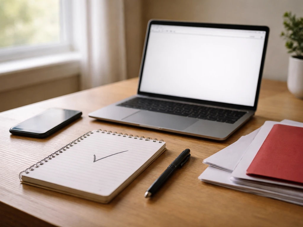 Minimal checklist scene with a laptop and smartphone showing financial research vibes, no text.