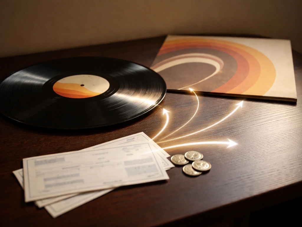 Vinyl record and blurred royalty check stubs on a dark desk with light-trail arrows suggesting album-driven income