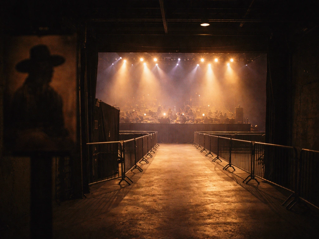 Mid-1990s country concert venue front-of-house with stage lights and a blurred tour poster silhouette