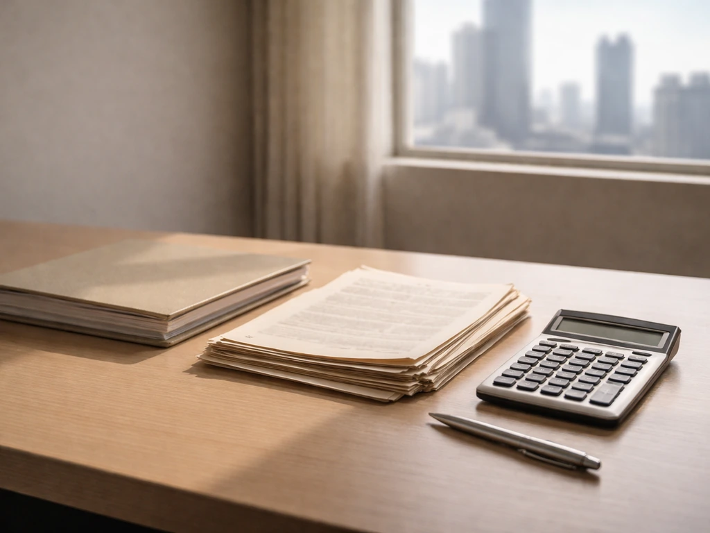 Minimal office desk with a closed binder and calculator, suggesting evidence-based financial analysis.