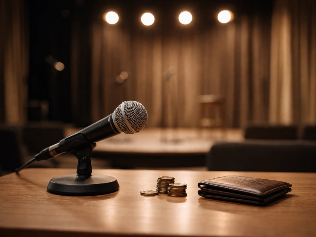 Empty TV studio with a microphone on a desk, soft lights, and a hint of entertainment-night vibe.