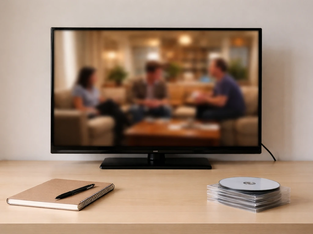 Minimal studio scene with a TV set showing a blurred sitcom-like scene, symbolizing TV residual income