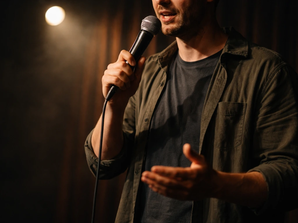 Comedian on stage under warm spotlight, microphone in hand in an intimate comedy club setting