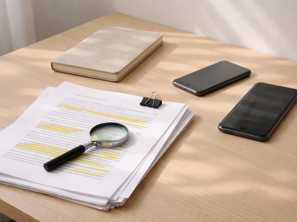 Minimal desk scene with a smartphone, notebook, and papers suggesting verifying and updating online net worth info.