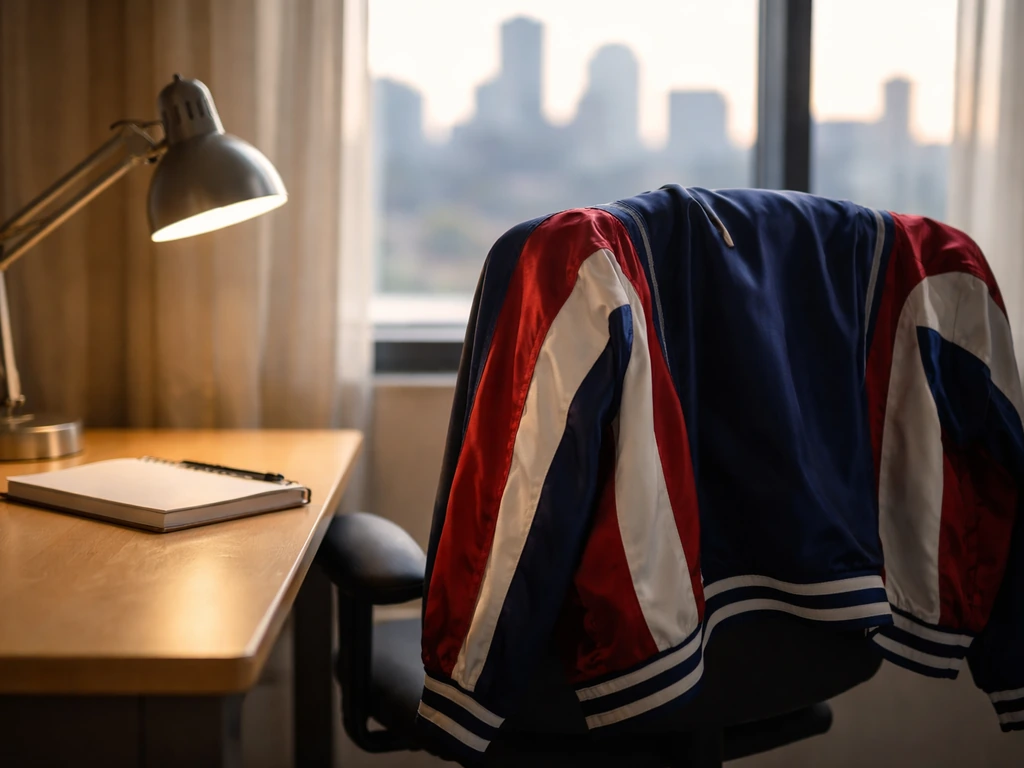 Anonymous business scene with a wrestling-style jacket draped on a chair, suggesting a public sports career.