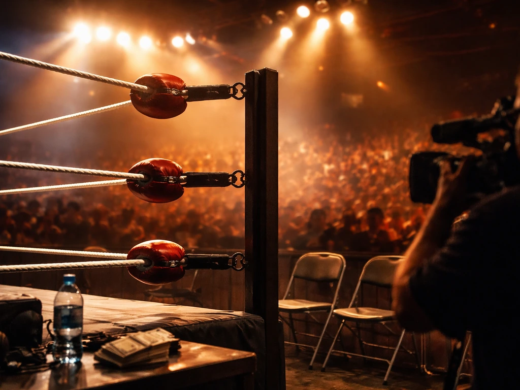 Spotlit wrestling ring and ringside media setup in a late-1990s arena, symbolizing high earnings era.