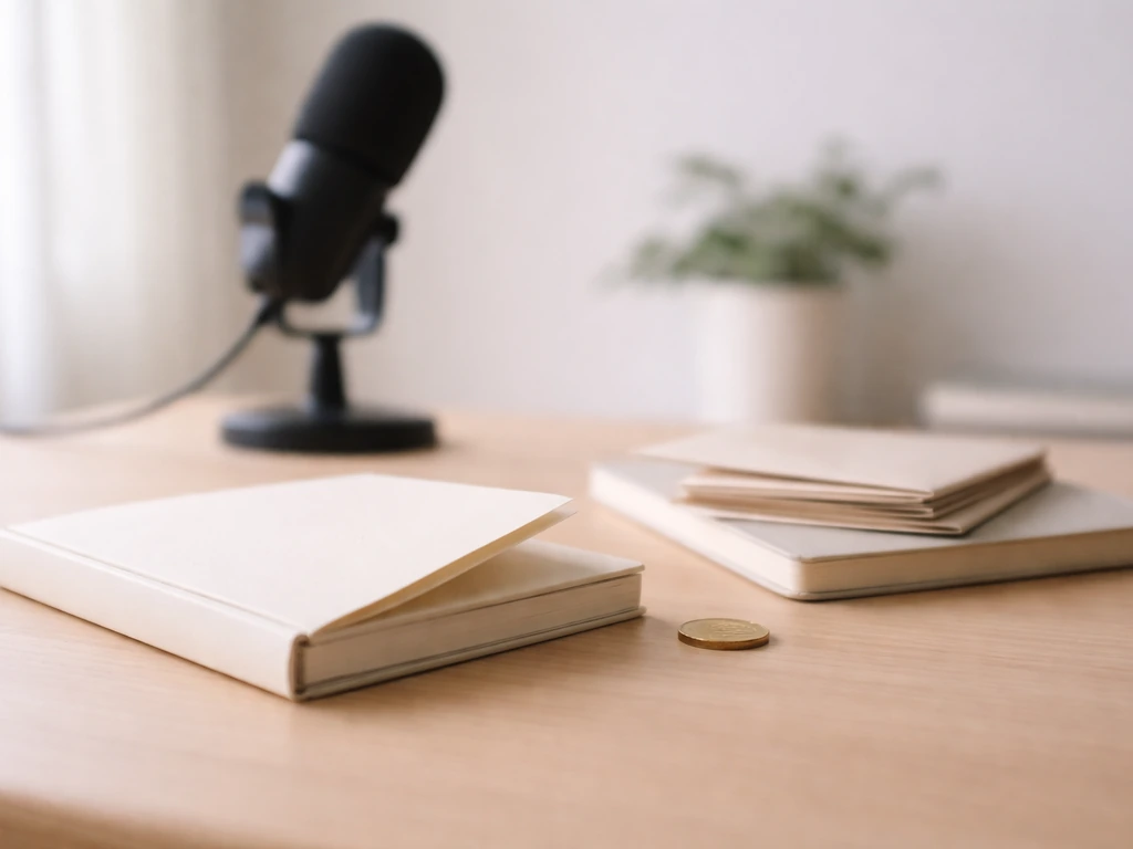 Minimal desk scene with envelopes, coin, notebook, and microphone—symbolic of career earnings milestones