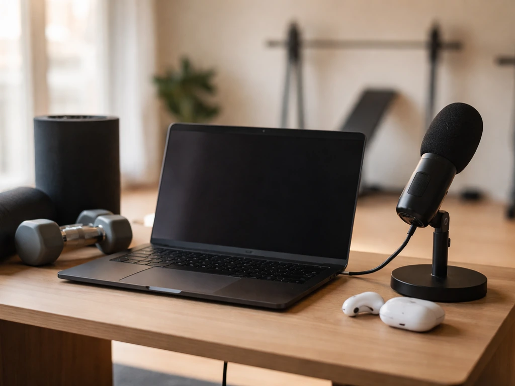 Minimal fitness studio desk setup with laptop, dumbbells, and a workout microphone, symbolizing fitness entrepreneurship
