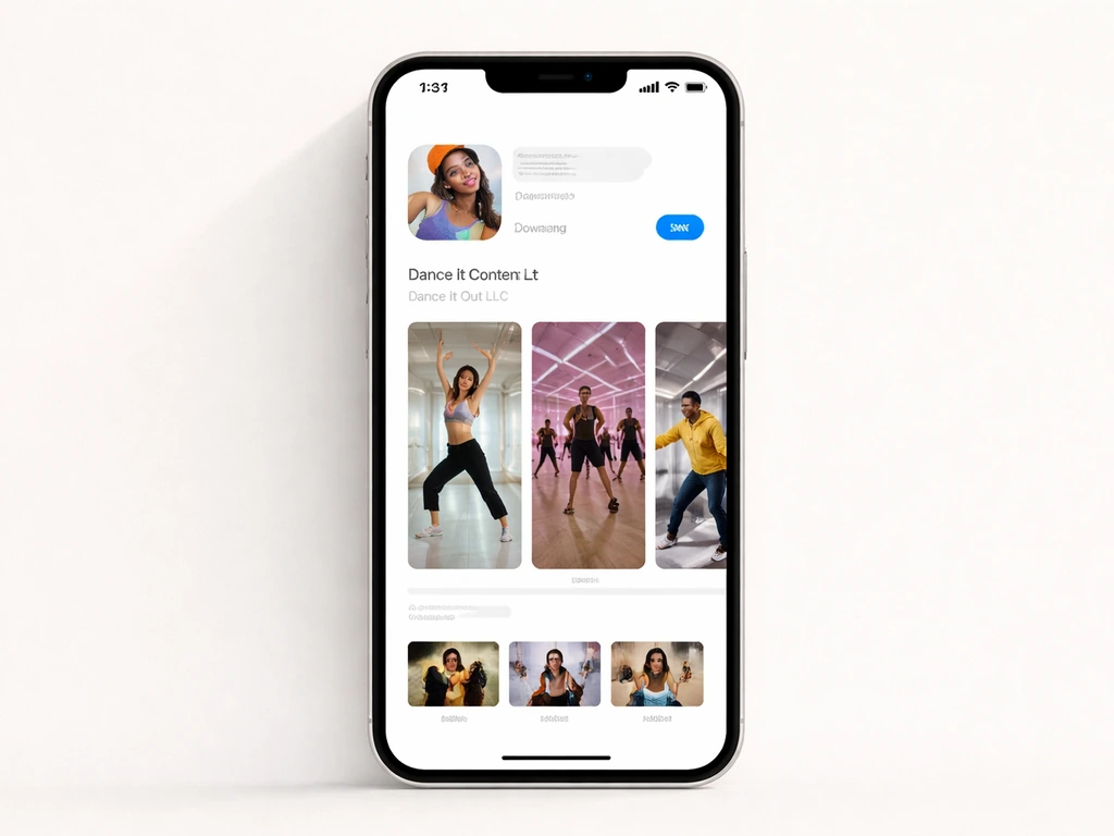 Smartphone showing an app store-style listing with the developer name “Dance It Out LLC” visible.