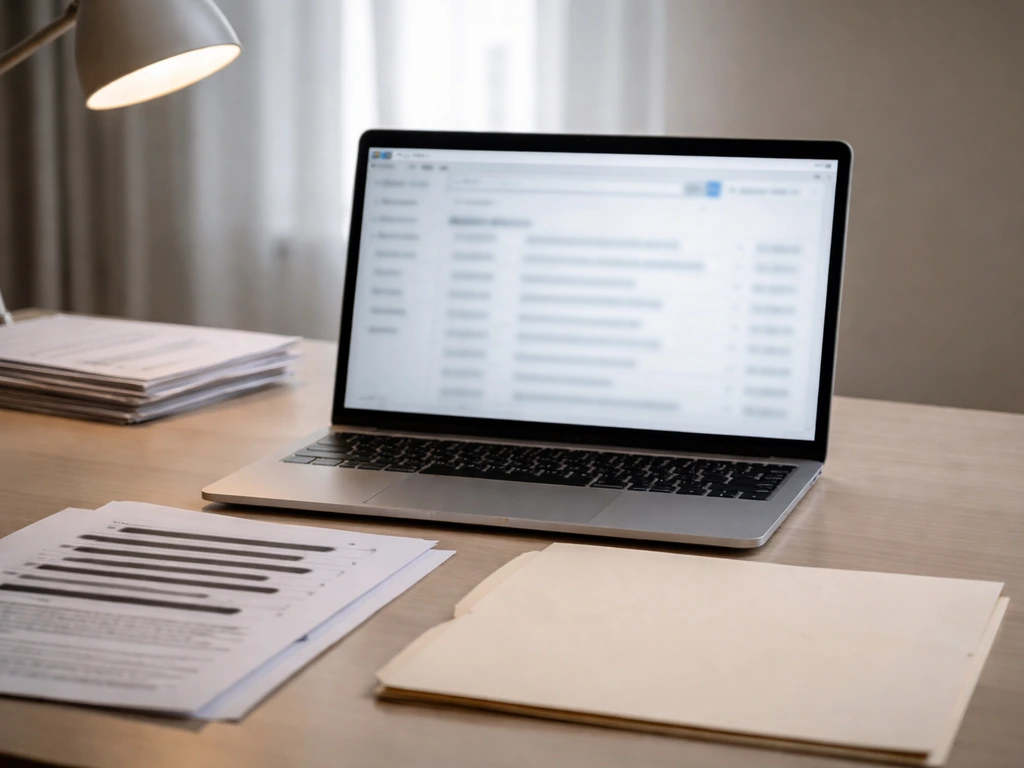 Minimal office desk with a laptop and blurred, redacted business-record documents symbolizing verification.