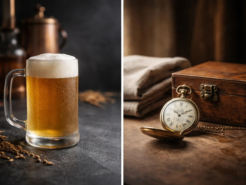 Elegant beer-brewing glassware and heirloom items on a split dark-and-warm background symbolizing family wealth
