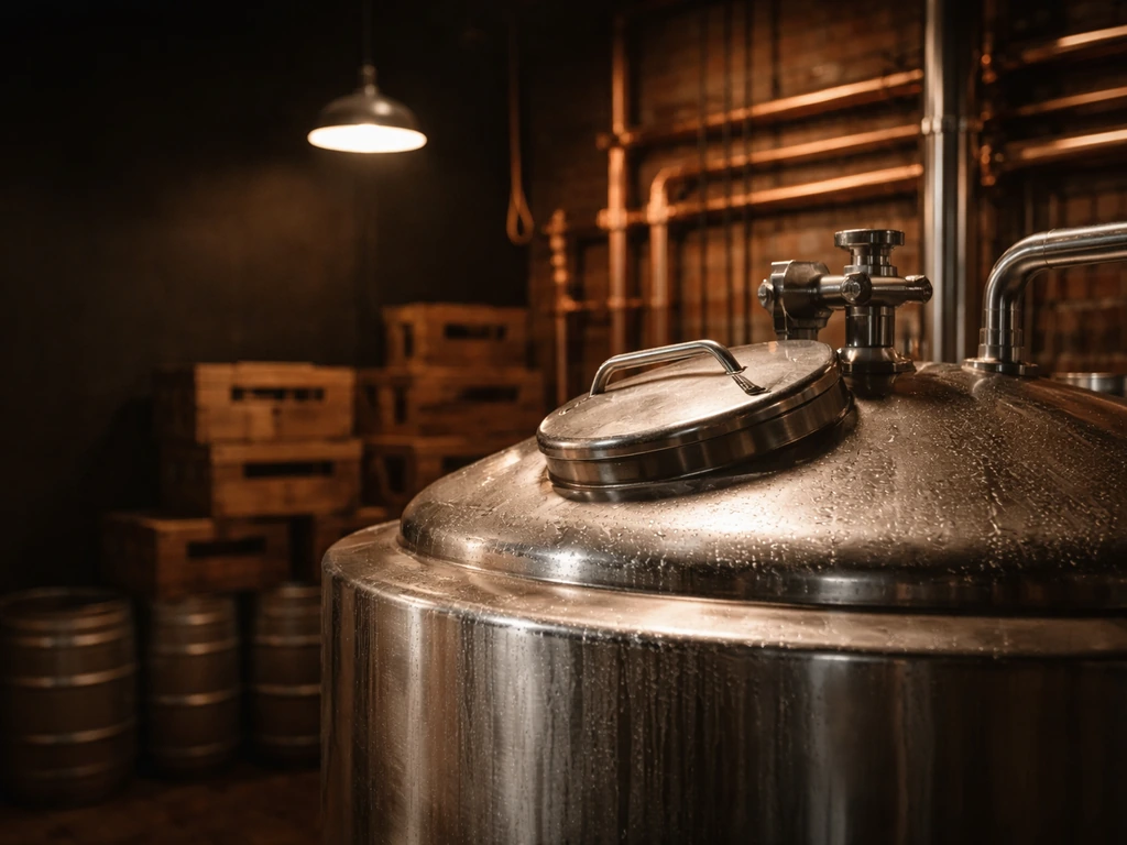Empty brewery scene with a stainless tank, copper pipes, and warm amber light.