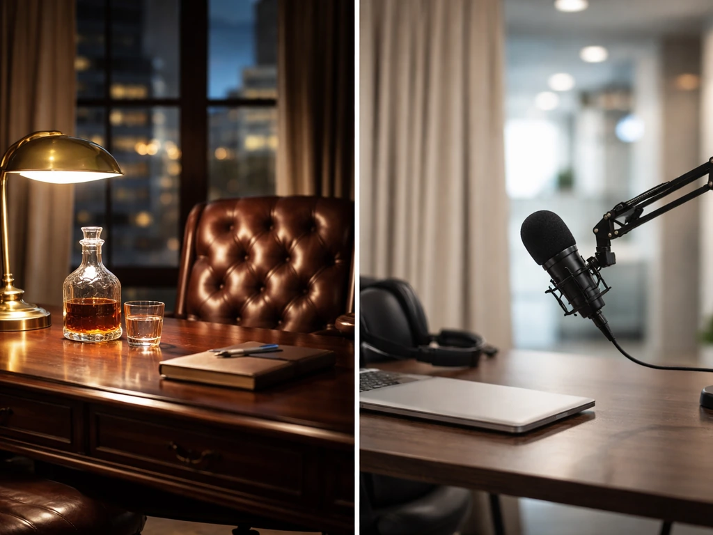 Two minimal side-by-side office scenes symbolizing generational business wealth and media work.
