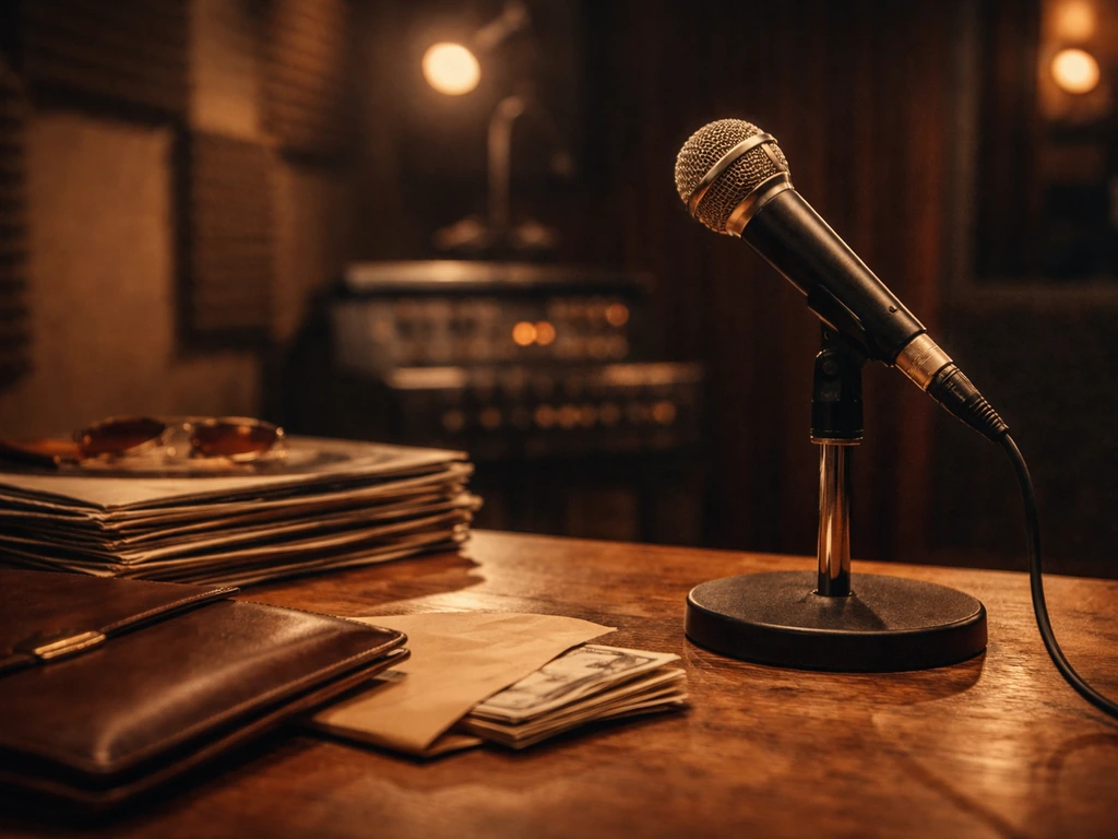 Vintage soul-era music and wealth symbolism: a dim studio desk with a microphone and worn vinyl records