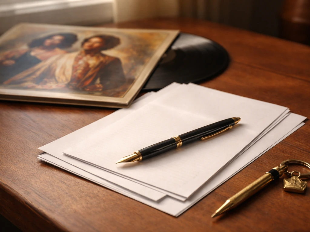 Close-up of vintage vinyl sleeve, blank paperwork, and a fountain pen on a wooden desk.