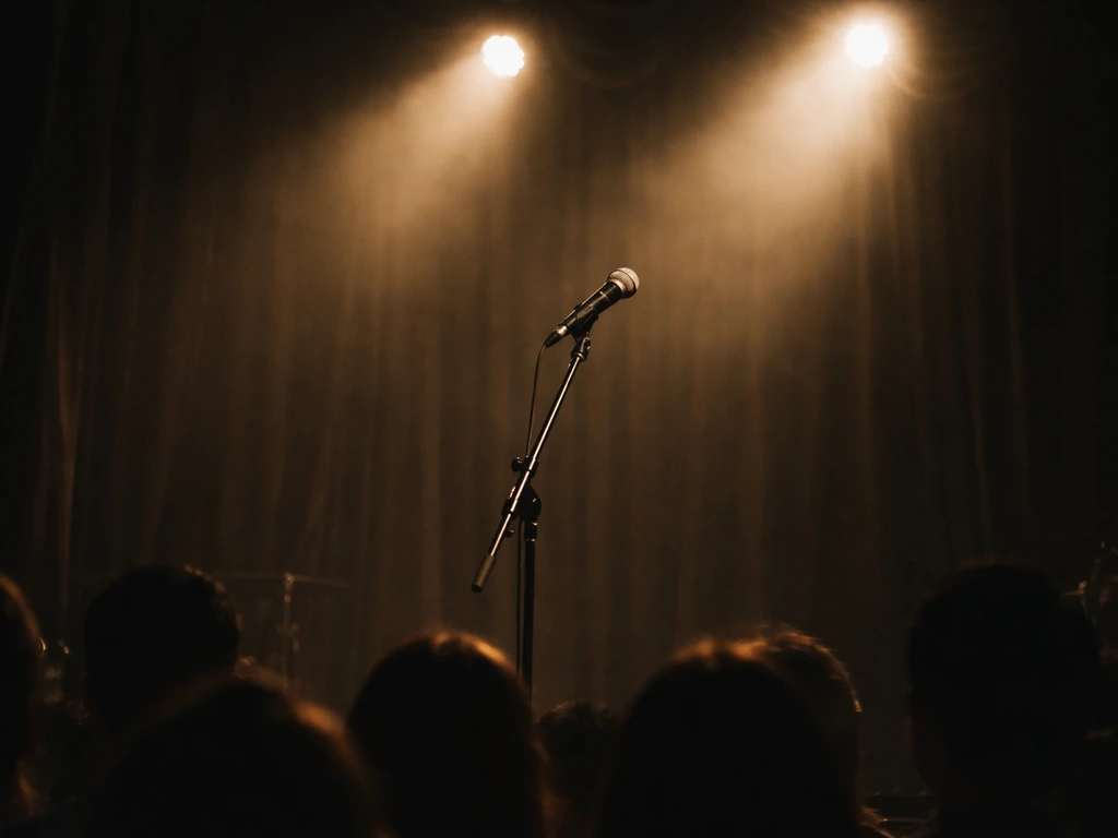 Warm spotlight on a stage microphone with dark audience silhouettes below.