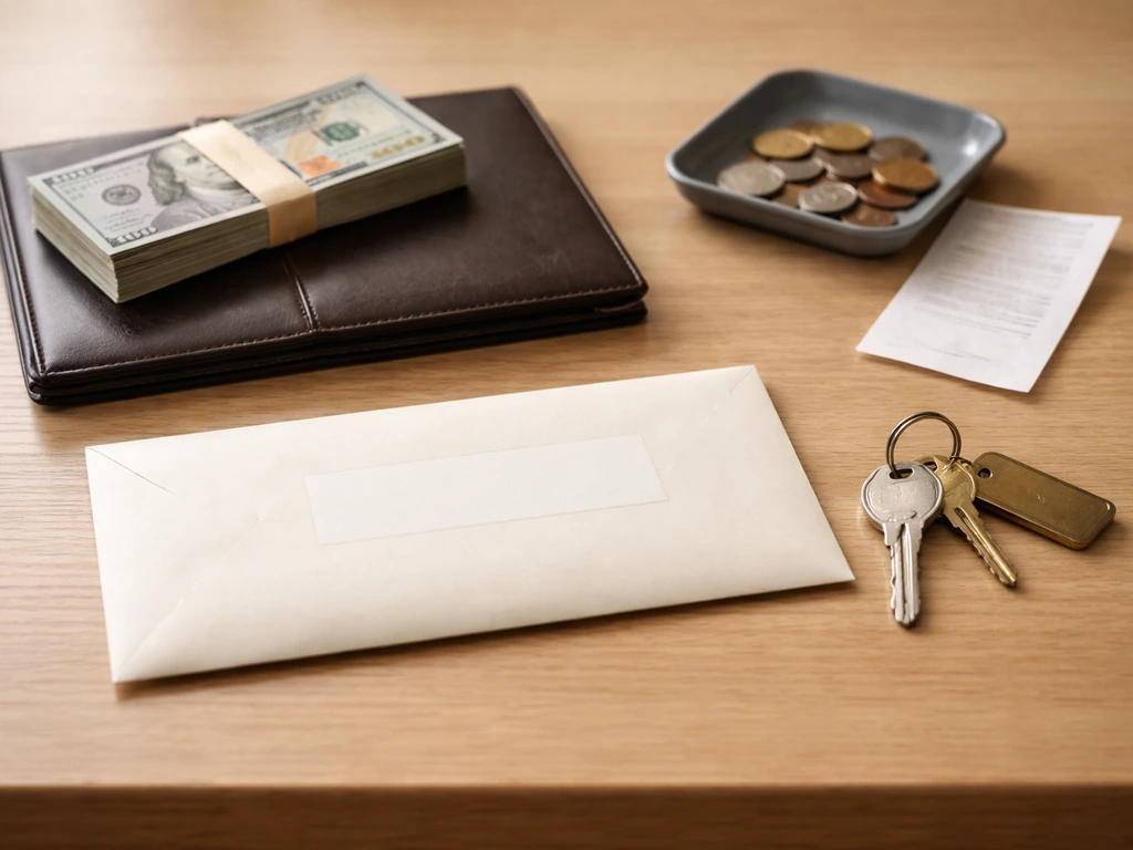 Minimal desk scene with items symbolizing assets and liabilities: cash, keys, portfolio folder, and a sealed envelope