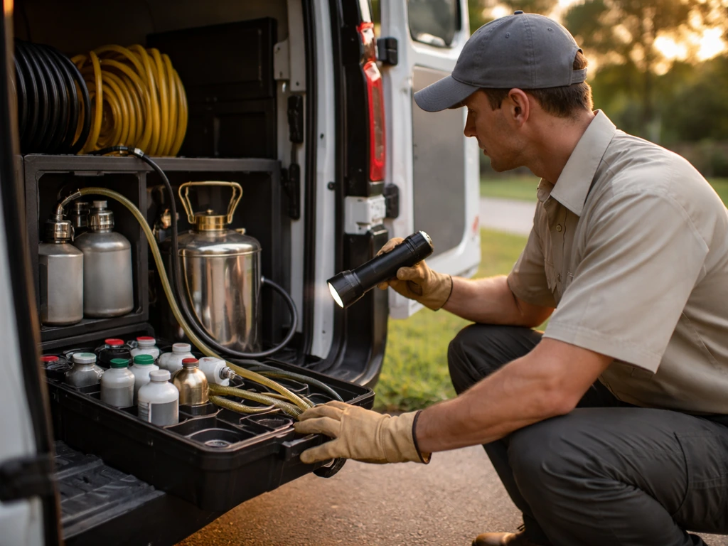 Close-up of an anonymous pest-control technician inspecting a vehicle-mounted pest tool kit outdoors in Louisiana.