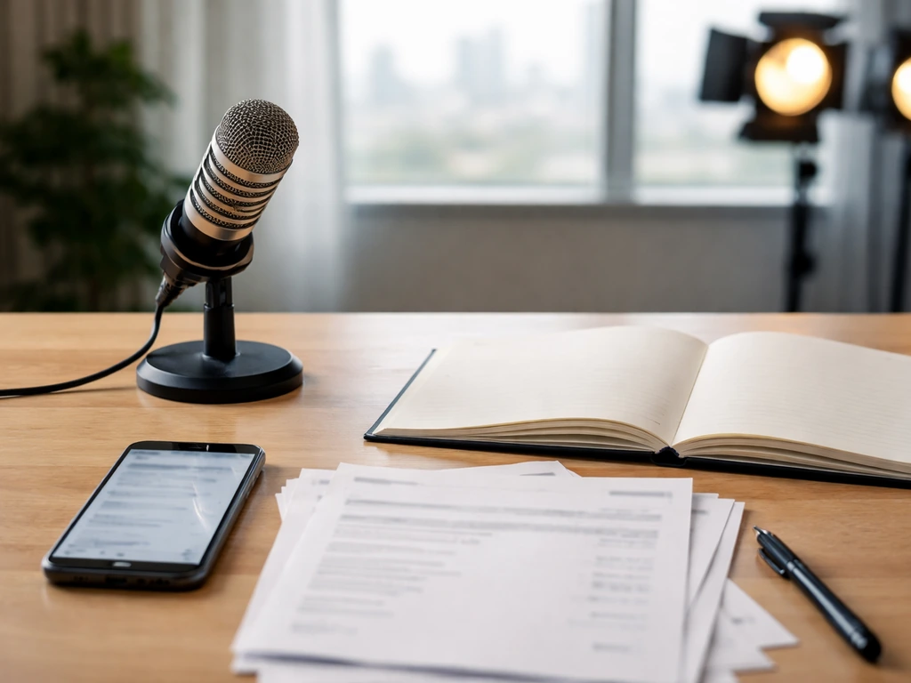 Minimal desk scene with studio microphone and blurred finance/media items suggesting triangulated wealth signals.