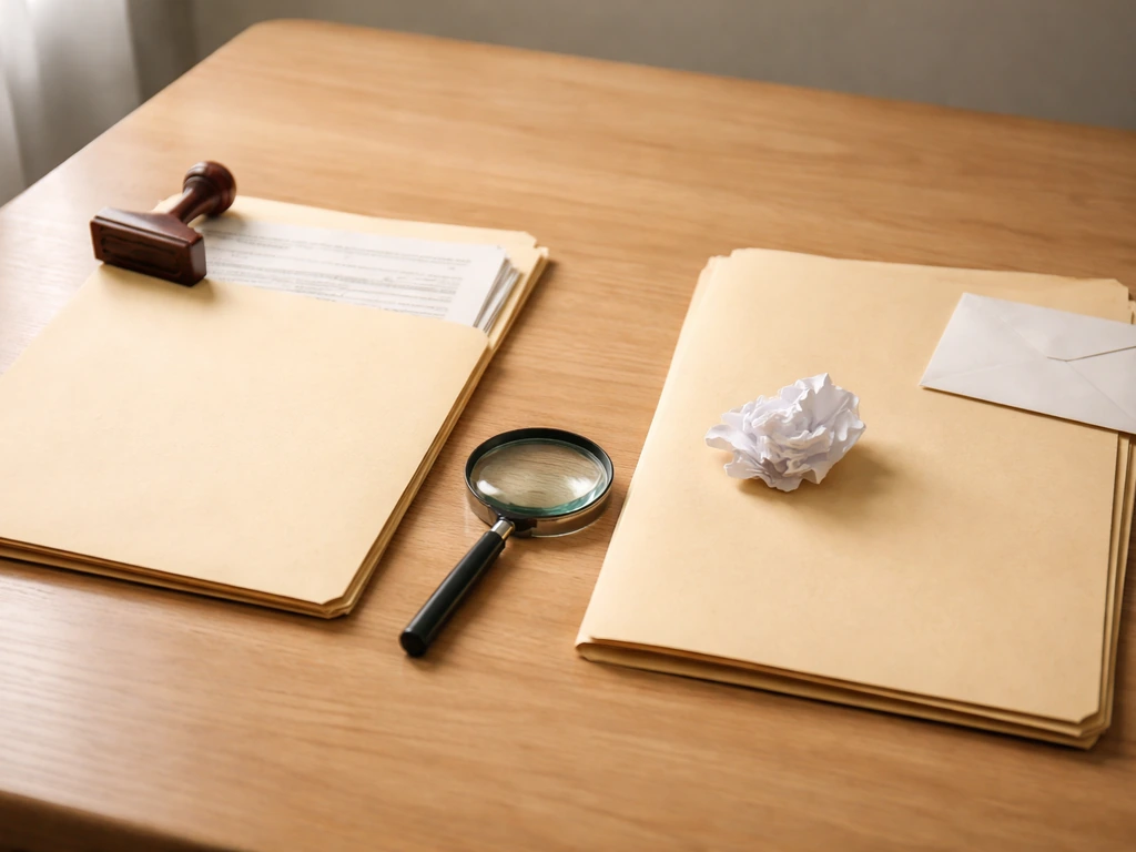 Minimal desk scene with two folders labeled conceptually as verified and rumor, with documents and a stamp