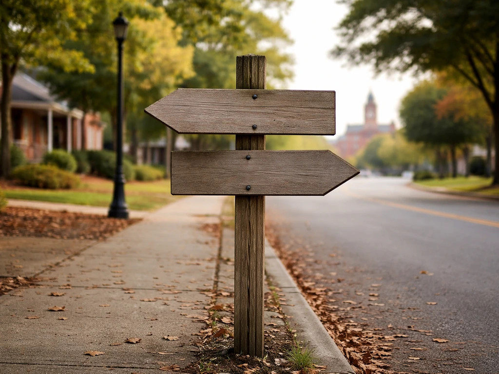 Sunlit street scene with a small wooden signpost pointing toward Queens and Georgia, minimal and grounded.