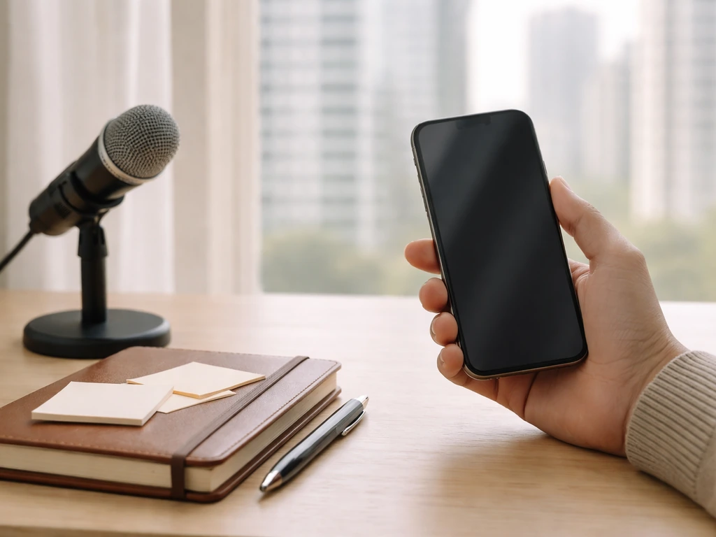 Anonymous desk scene with smartphone and microphone, evoking media-profile net worth analysis.
