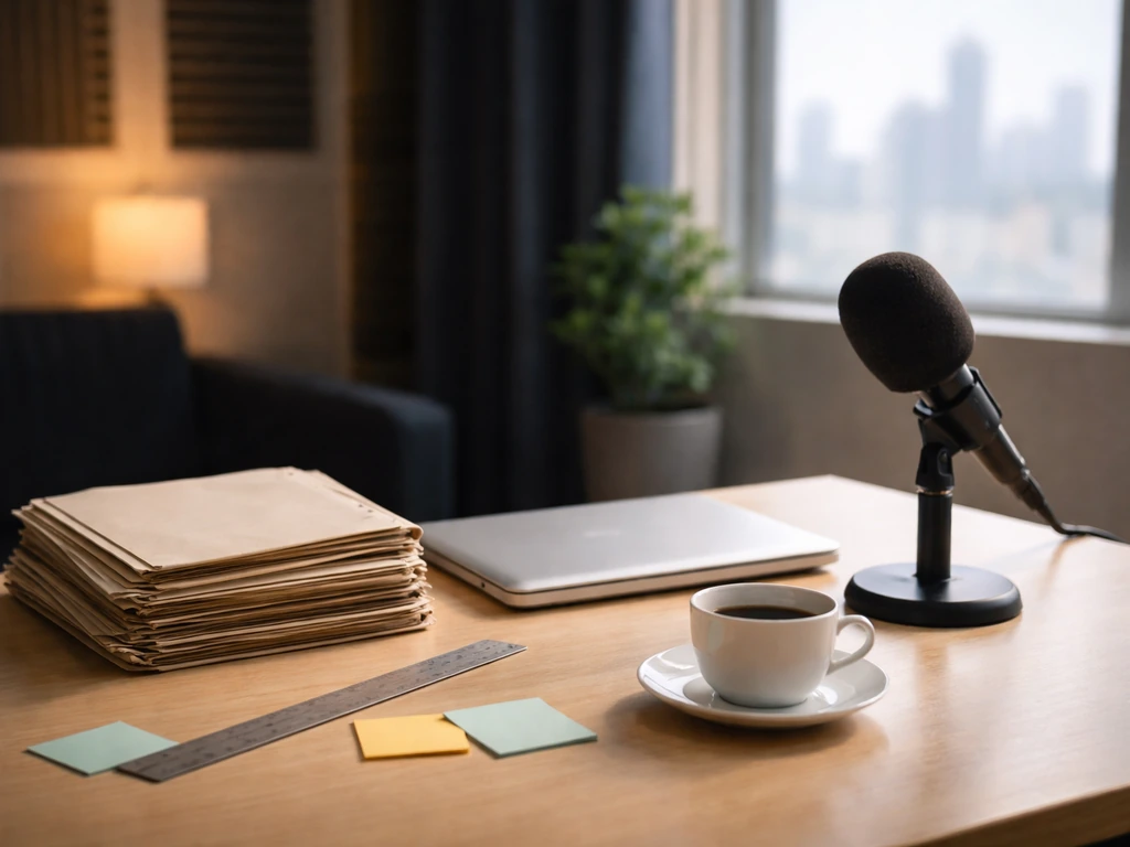 Minimal studio desk scene with microphone, folders, and laptop symbolizing career growth and rising pay.