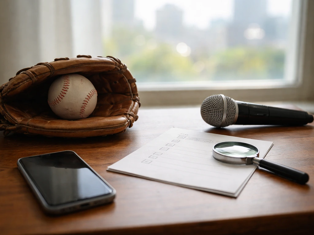 Anonymous baseball-themed workspace with a glove and microphone beside a smartphone, suggesting fact-checking