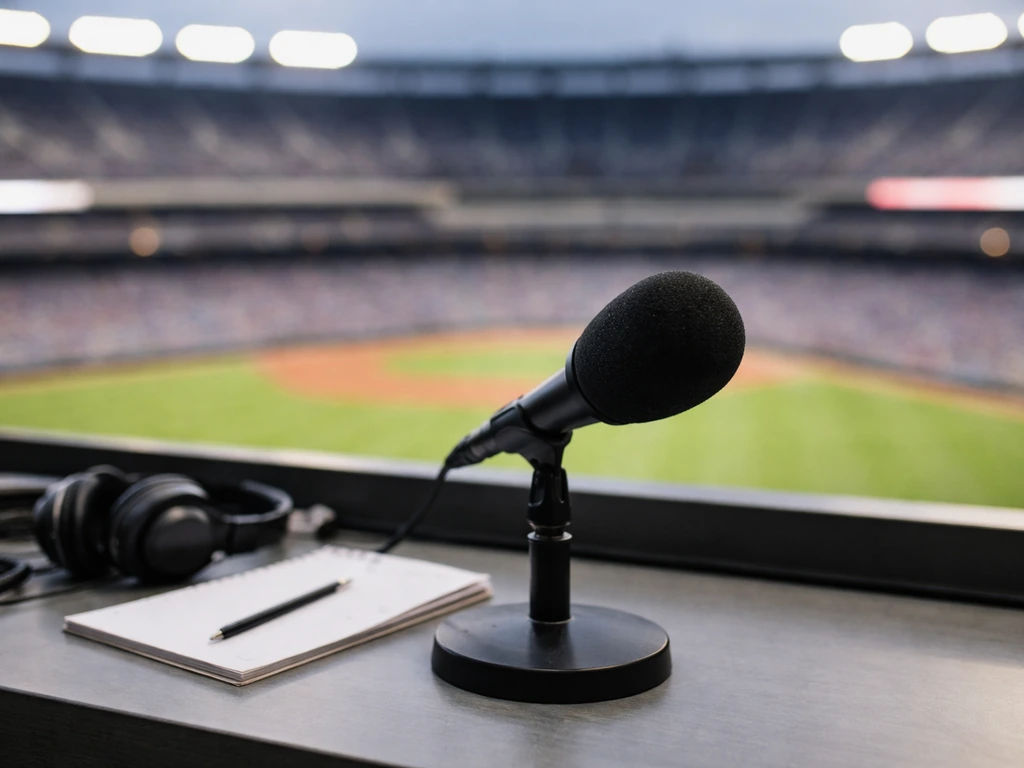 Empty baseball stadium press area with a microphone and MLB-style backdrop, symbolizing a pro player profile