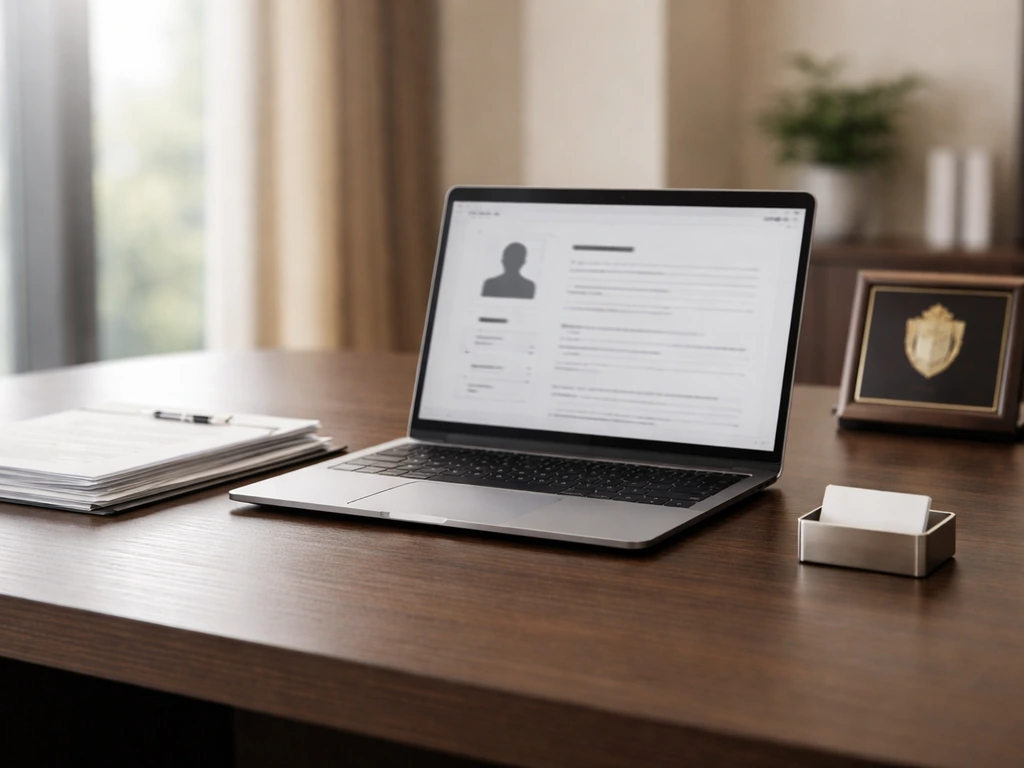 Quiet modern office desk with a laptop, documents, and a framed company crest-like plaque symbolizing executive profile.