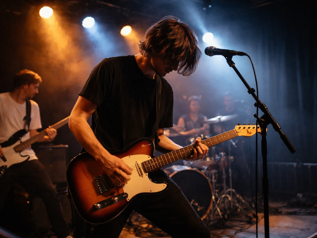 Rock band performing on stage under concert lights during a simple live tour setup.