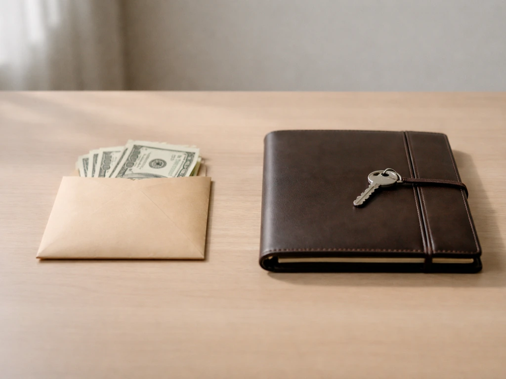 Minimal desk scene with cash envelope and a closed leather portfolio side-by-side to symbolize income vs net worth