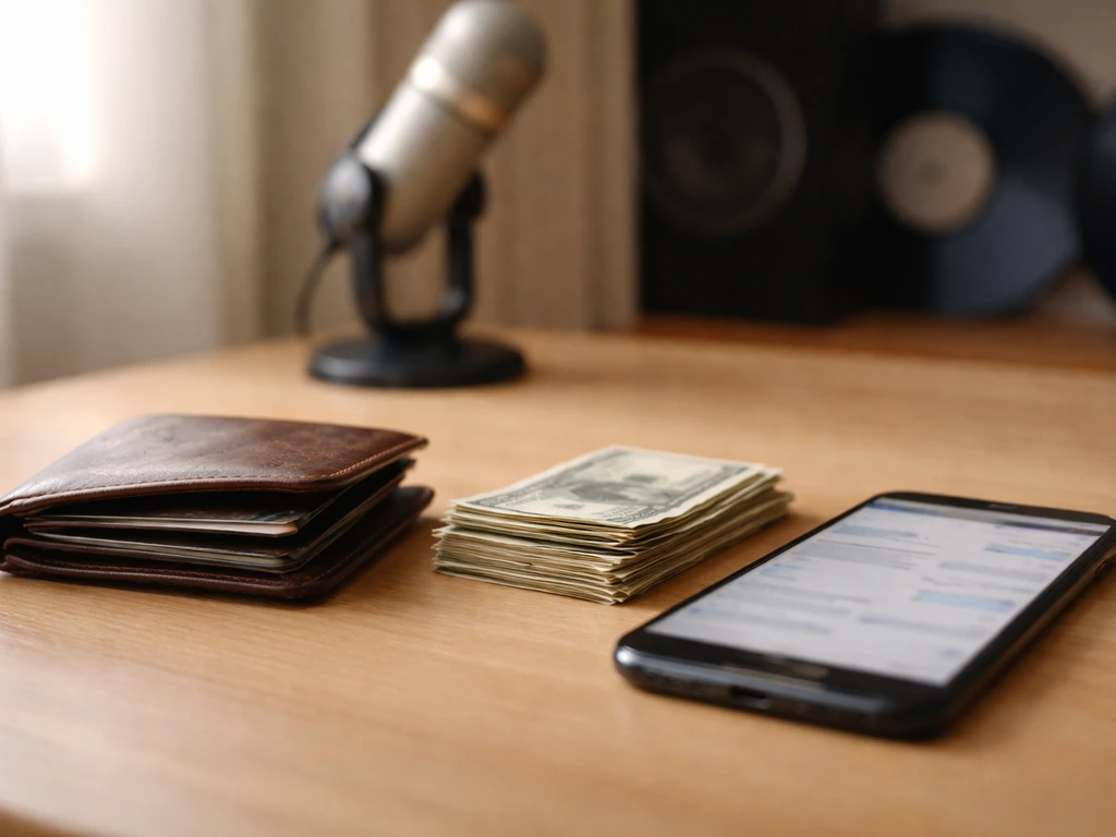 Close-up desk scene with an open wallet, cash, and a blurred smartphone finance page, suggesting net-worth estimates.