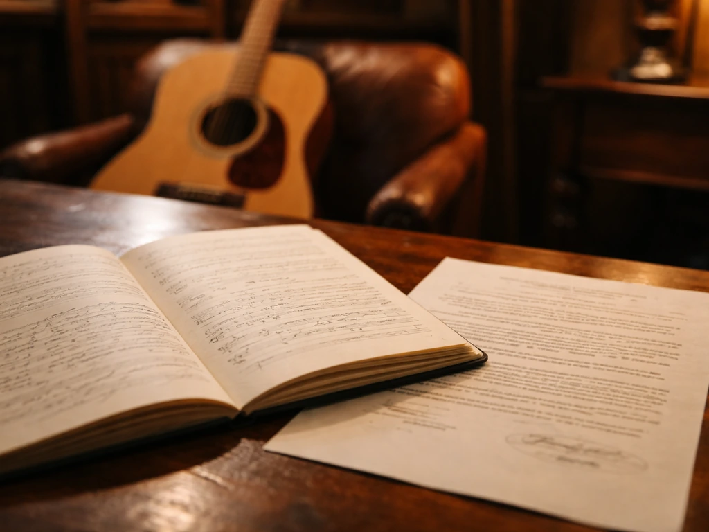 Close-up of aged song lyrics pages and a generic music publishing contract with a guitar blurred behind.