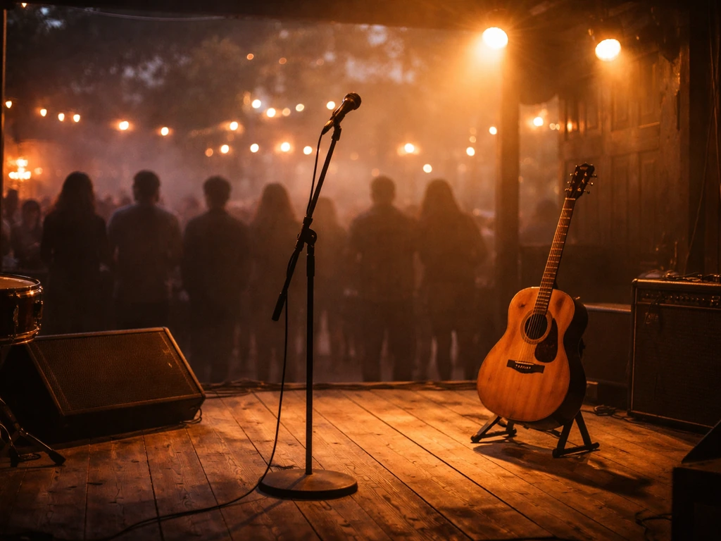 Warm honky-tonk stage with microphone and guitar, small crowd silhouettes watching under amber lights.