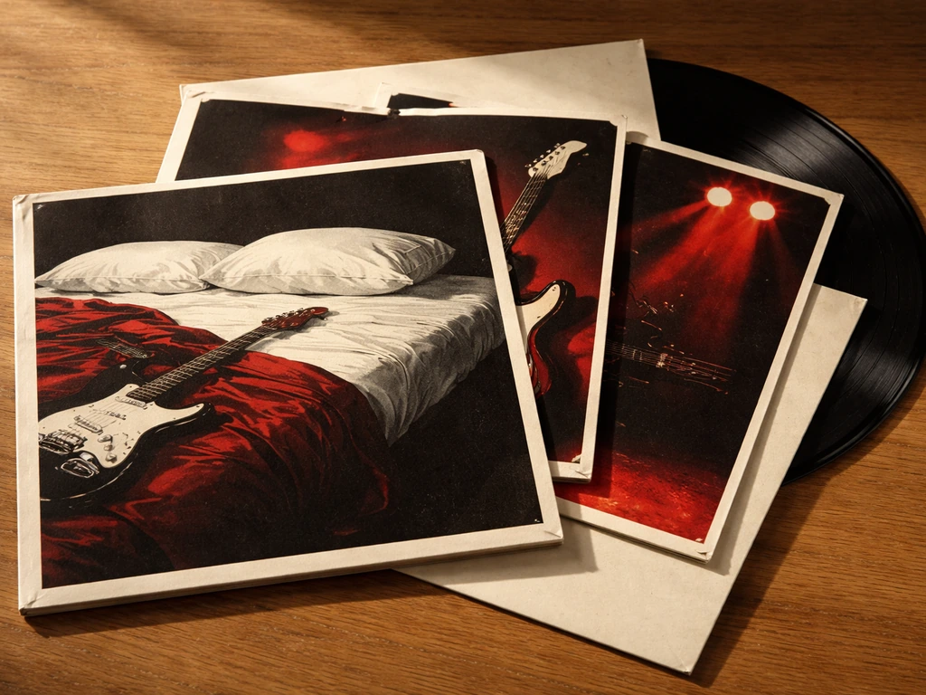Minimal collage of early-1980s rock album covers on a vinyl record sleeve, warm studio lighting.