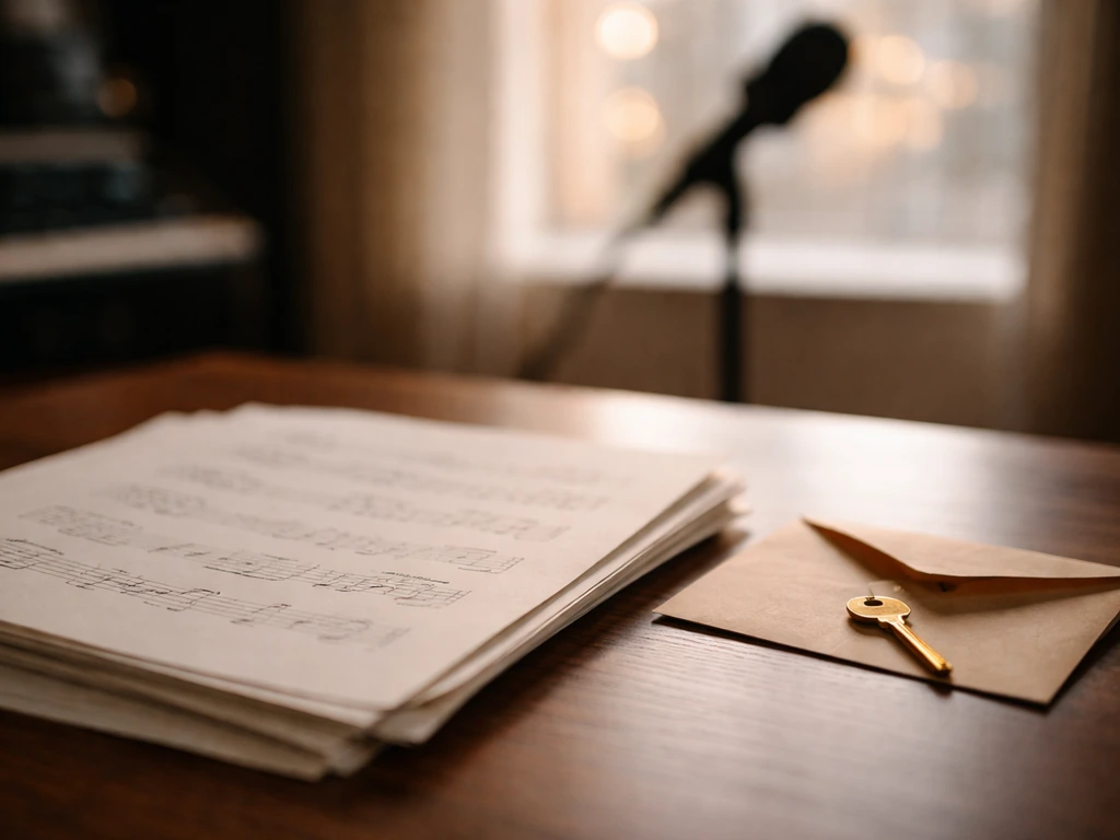 Close-up of music sheet pages and a small envelope on a desk, symbolizing publishing and royalty payouts.