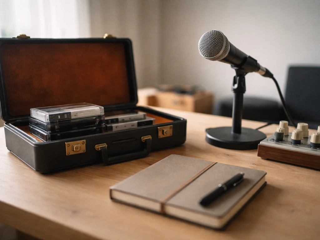 Minimal music studio desk with microphone and tapes, symbolizing a career wealth trajectory arc.