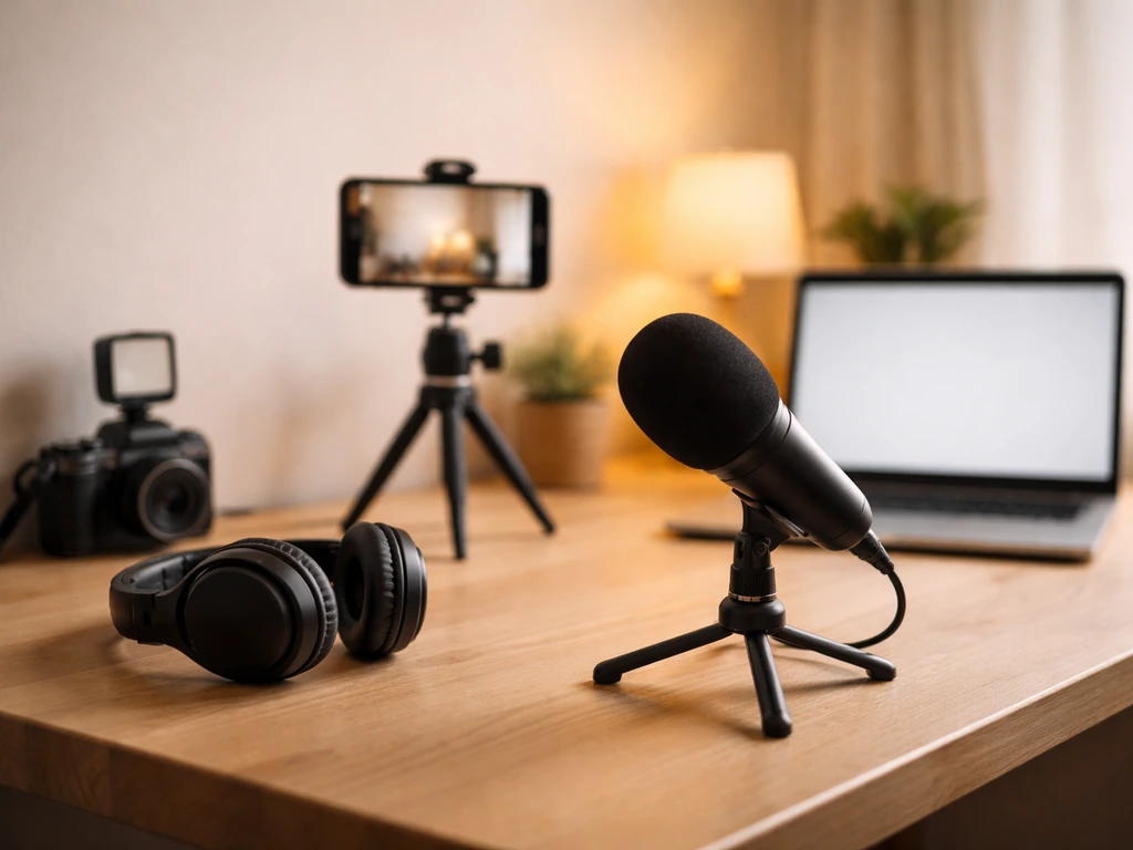 Minimal desk scene with microphone and a smartphone showing a blurred social media camera setup