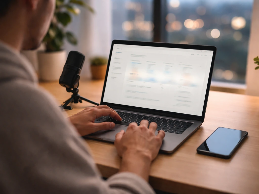 Anonymous creator at a home-office desk reviewing video ad revenue on a laptop, with mic and phone nearby.