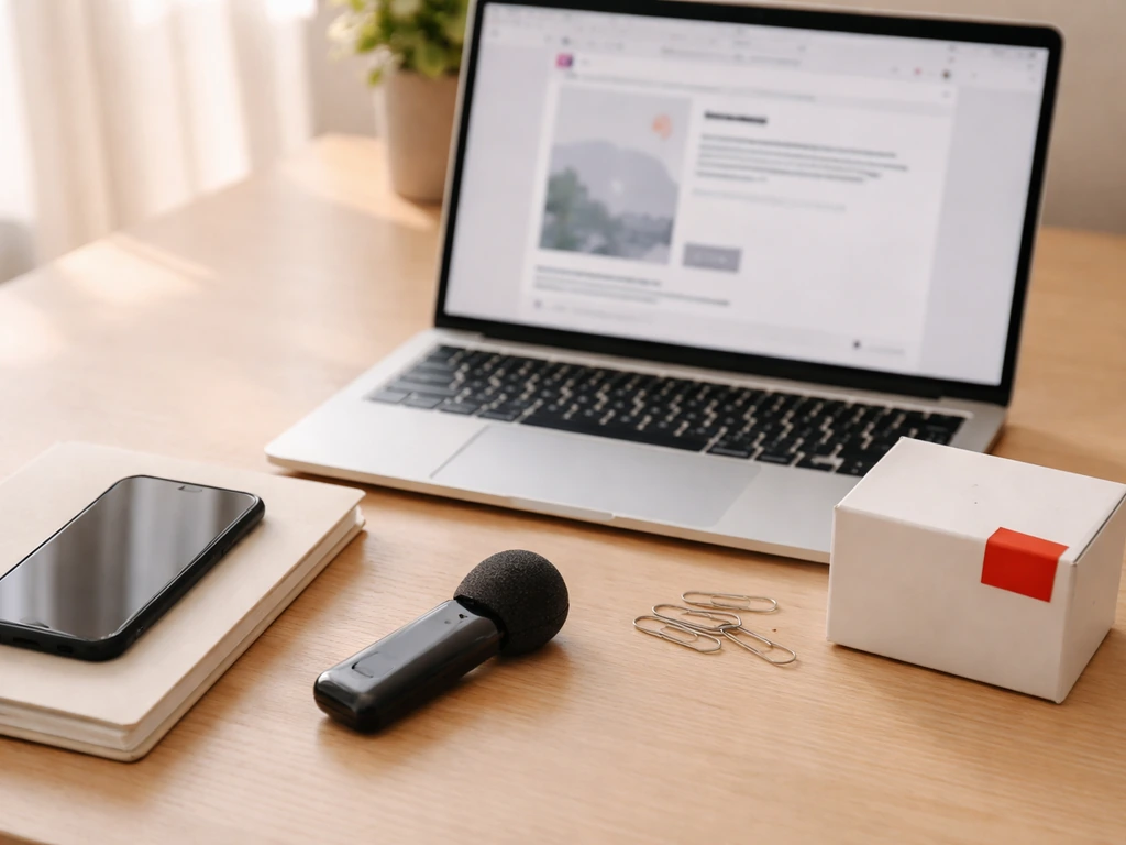 Minimal desk setup with smartphone, microphone, laptop draft, product box, and a disclosure tag sticker.