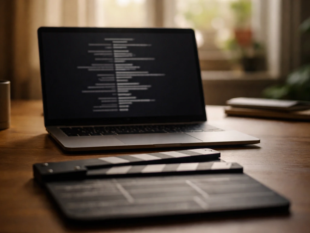 Close-up of a laptop showing blurred film credits next to a clapperboard in a quiet home office